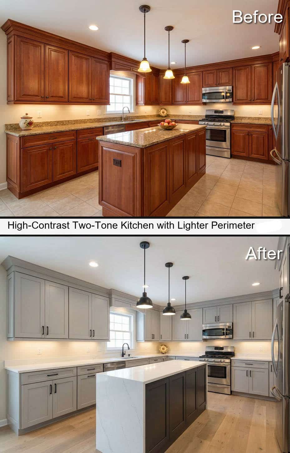 High-Contrast Two-Tone Kitchen with Lighter Perimeter and Darker Island