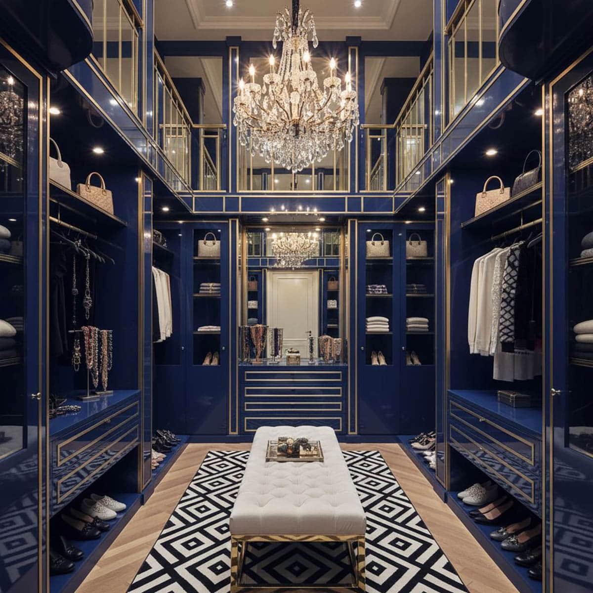 Hollywood Regency Closet with Navy & Gold Color Palette and Glass Chandelier