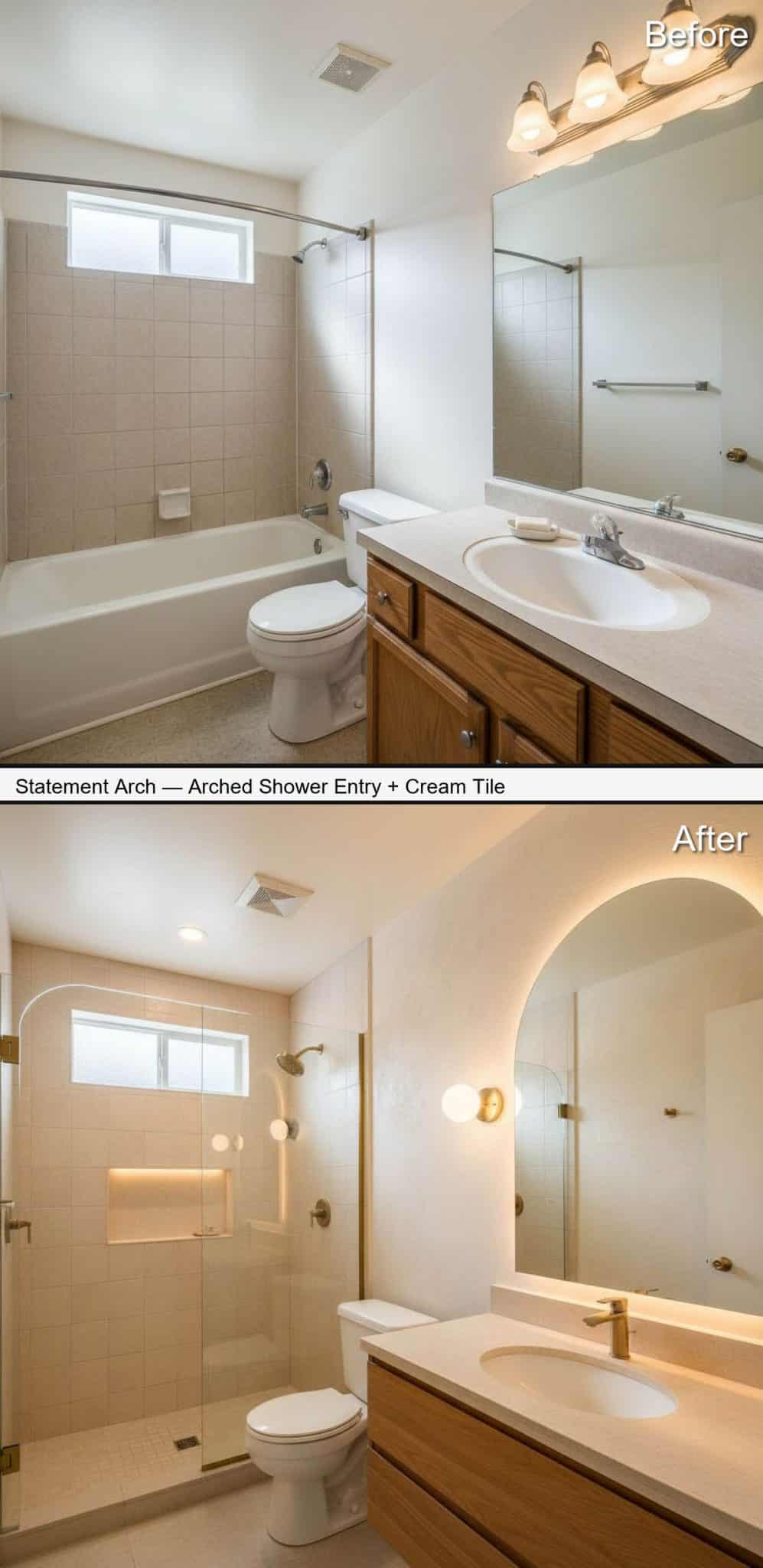 Statement Arch Shower with Cream Tile and Mediterranean-Modern Style