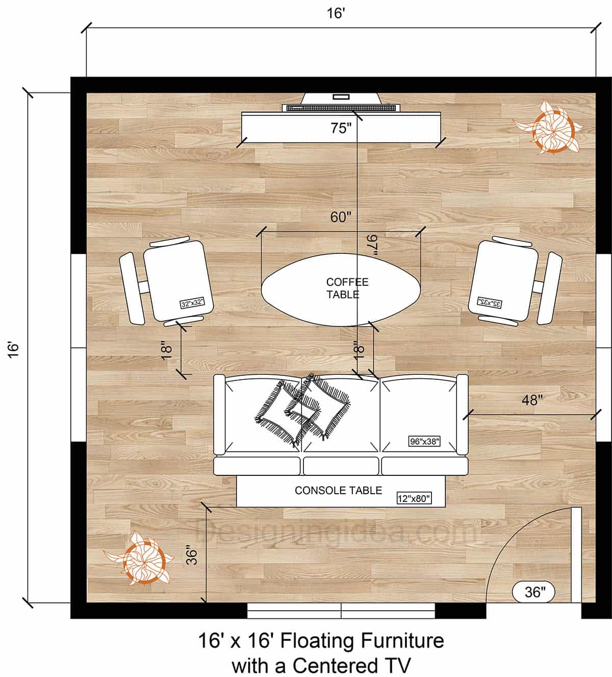 16×16 Lounge Area With Floating Furniture and a Centered TV Layout