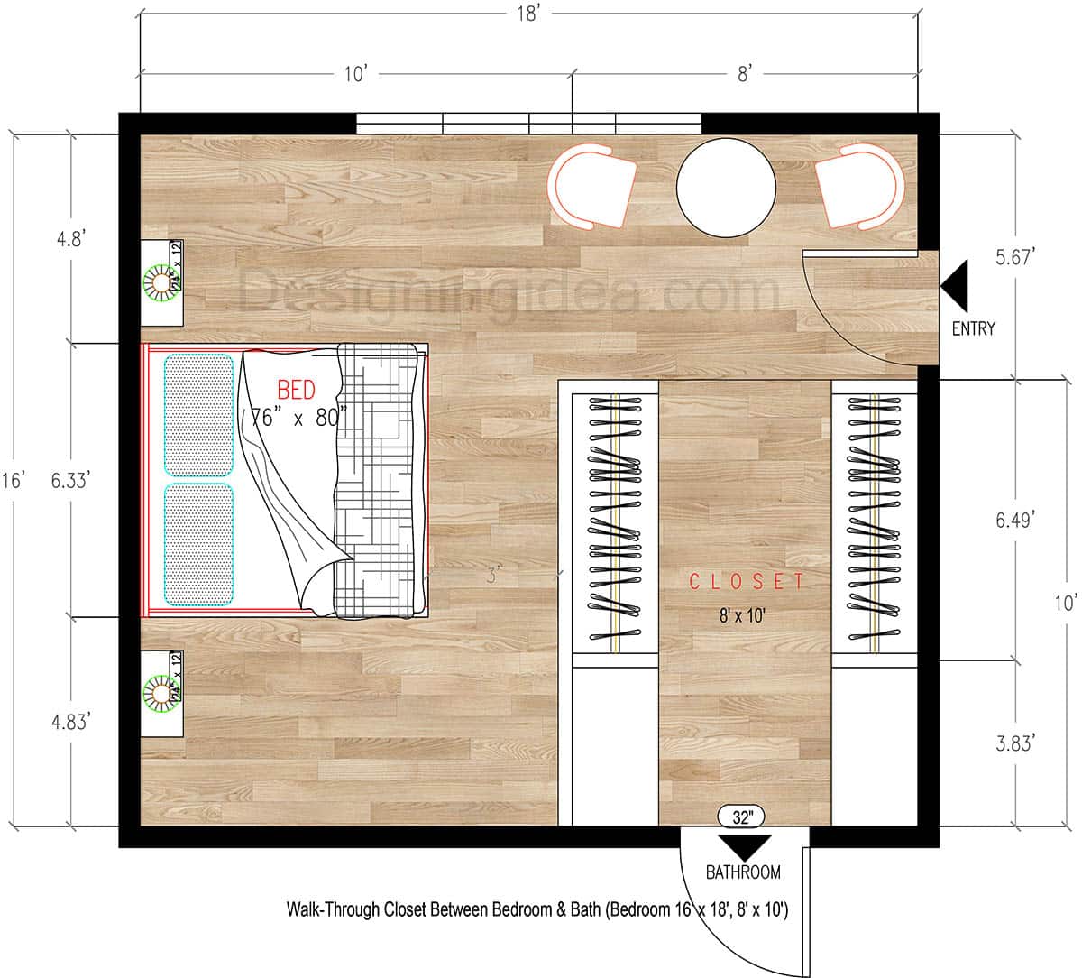 16x18 Bedroom Layout With Walk-Through Closet to Bathroom&nbsp;