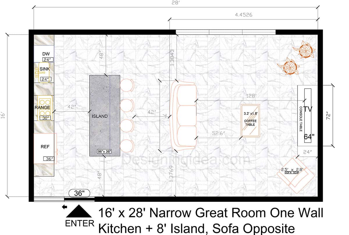 16×28 Narrow Great Room And One-Wall Kitchen Layout With 8ft Island