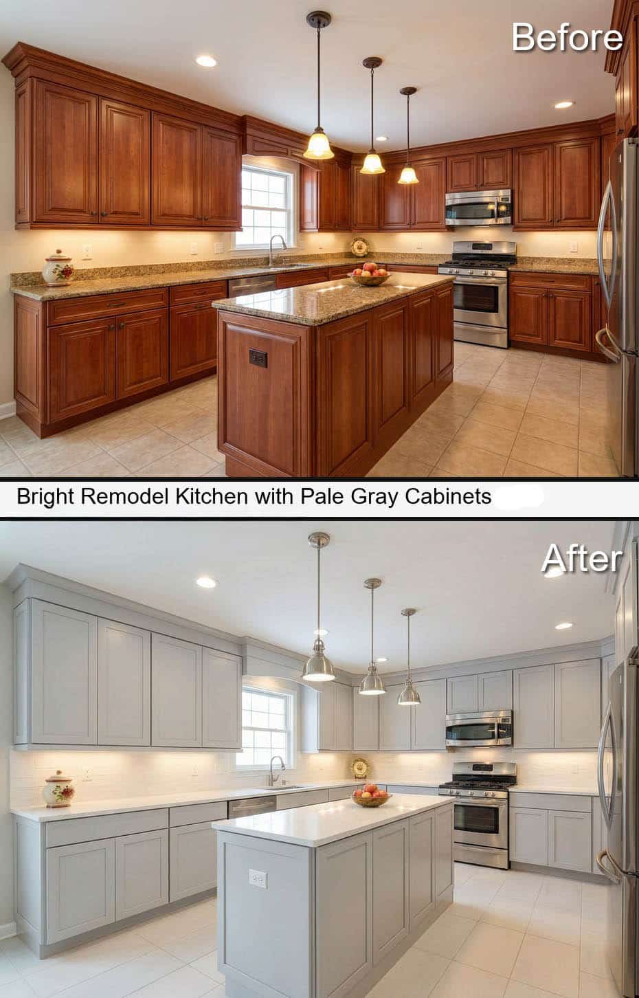 Bright Remodel Kitchen with Pale Gray Cupboards and Oversized White Tile&nbsp;