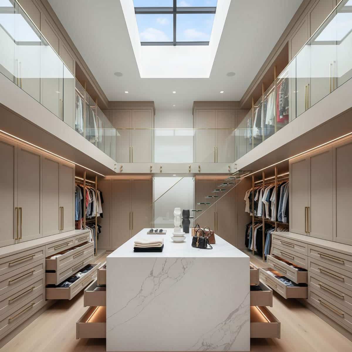 Skylit Closet with Waterfall Quartz Island and Beige Cabinets