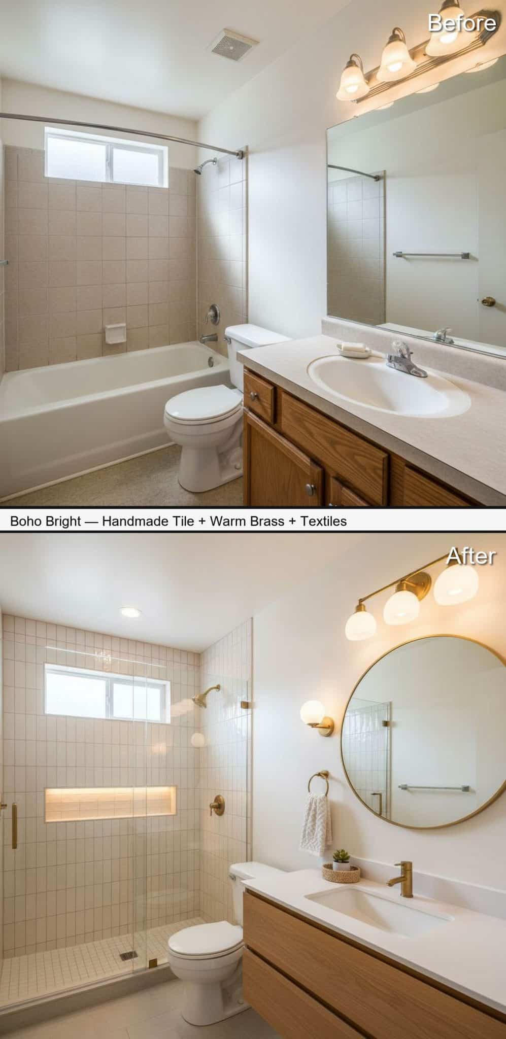 Boho Bright Shower&nbsp; with Handmade-Look Tile and Warm Brass