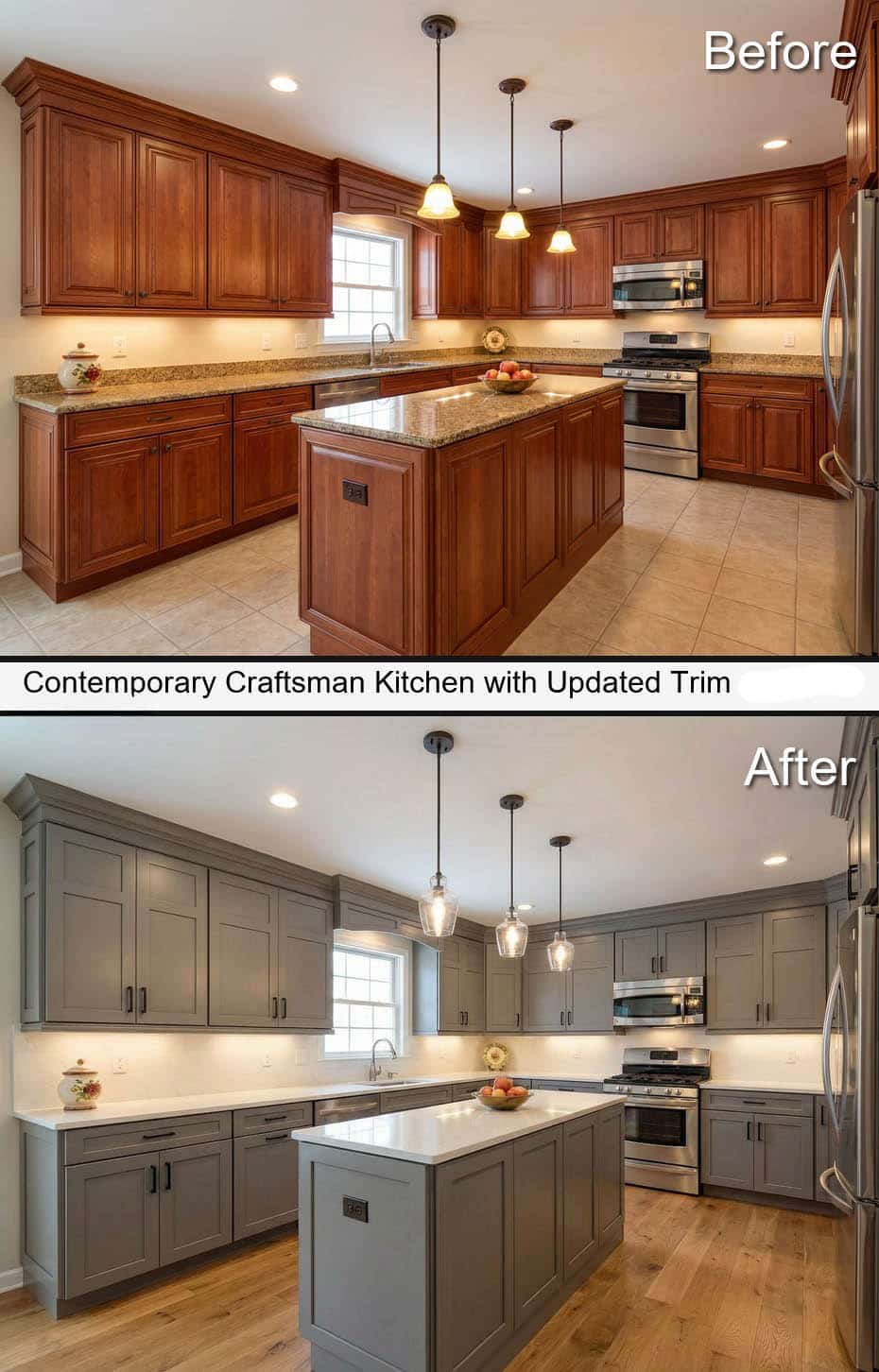 Contemporary Craftsman Kitchen with Updated Trim and Rich Lighting