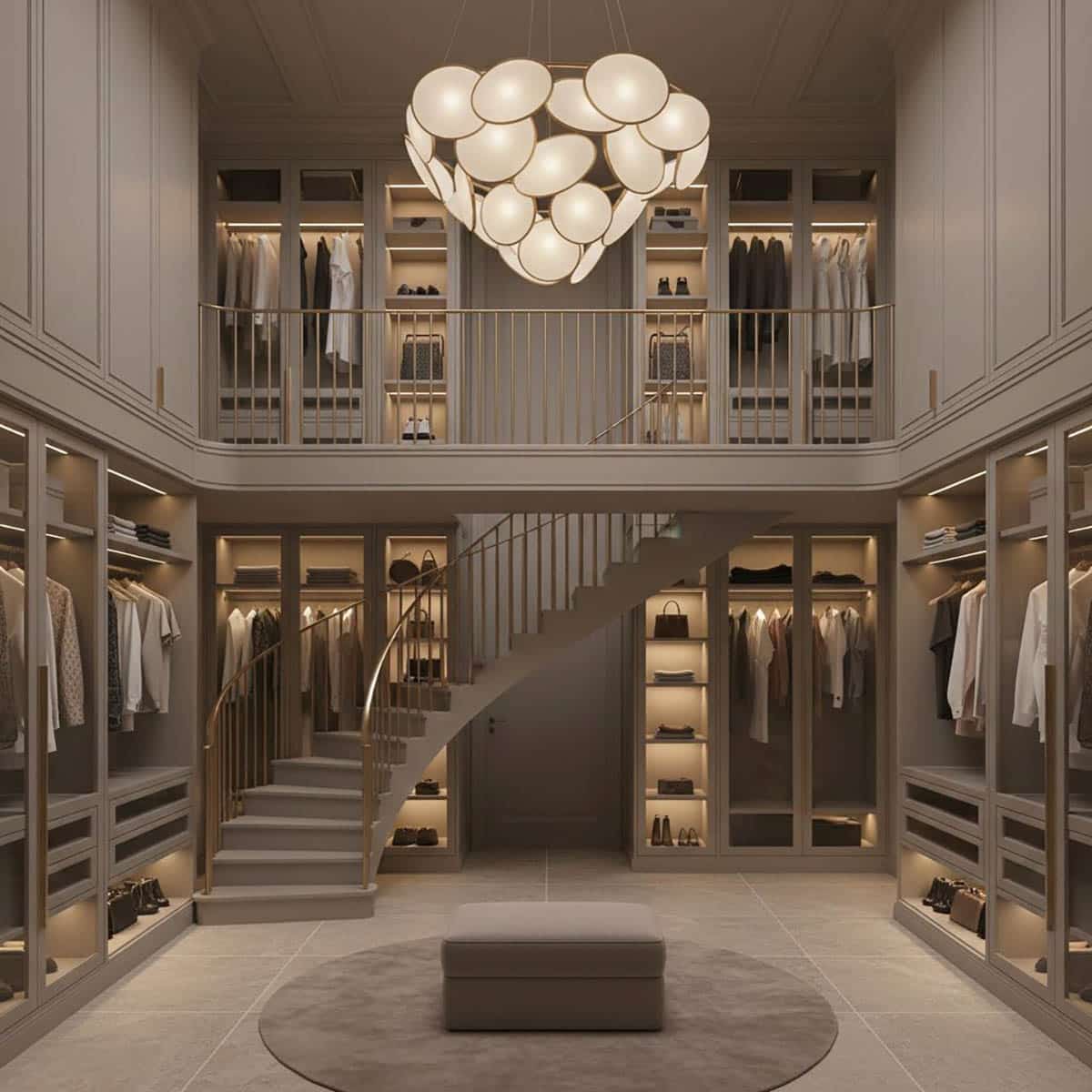 Monochrome Taupe Closet with Curved Staircase and Modern Gold Chandelier