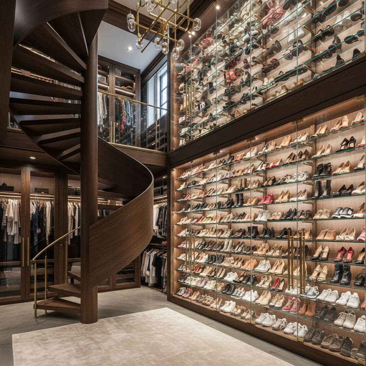 Shoe Museum Closet with Spotlighting and Elegant Wood Stair Wall&nbsp;&nbsp;