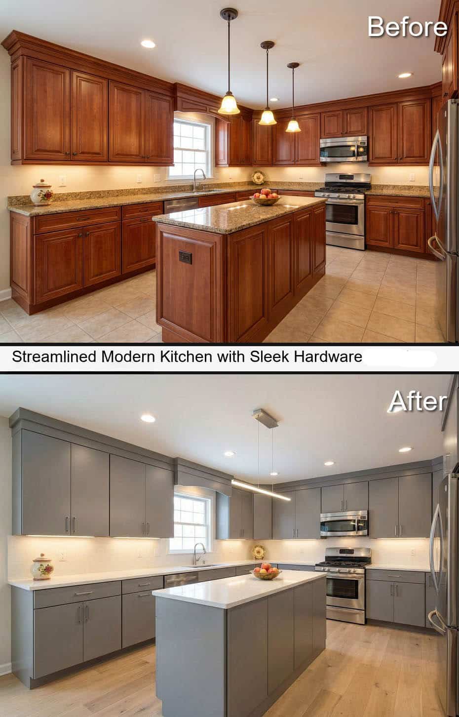 Streamlined Modern Kitchen with Sleek Hardware and Recessed Lighting