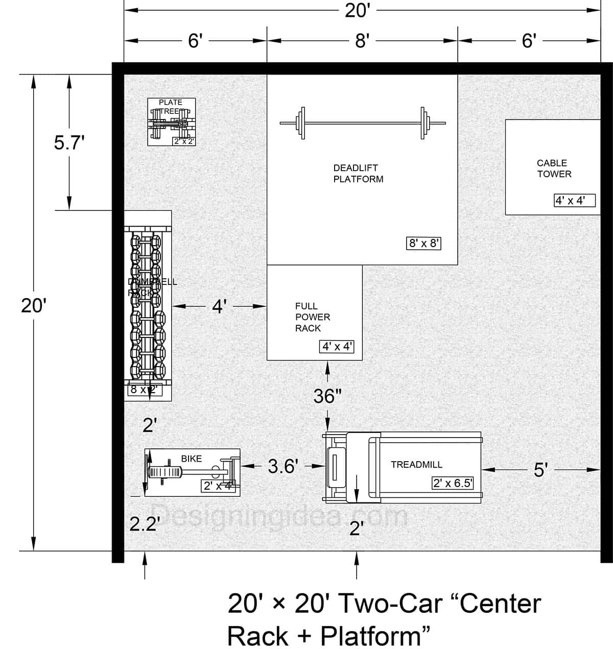 20x20 Two-Car Garage Gym Layout With Power Rack & Deadlift Platform