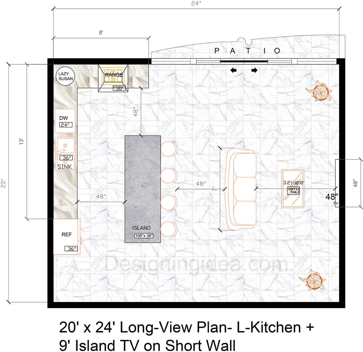 20×24 L-Shape Kitchen with 9ft Island, and TV on Short Wall Floor Plan