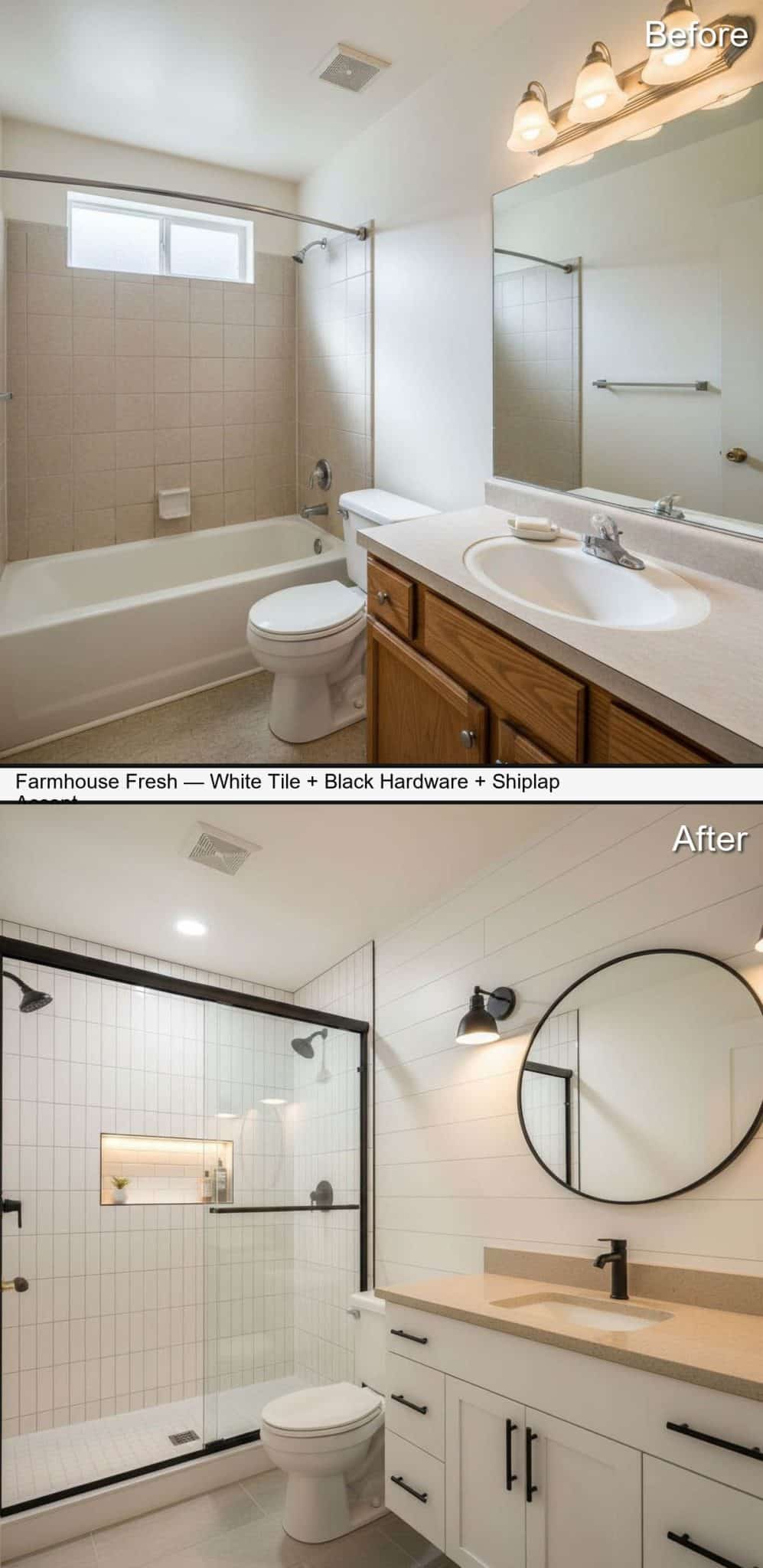 Farmhouse Fresh Shower with White Tile, Black Hardware, and Shiplap Accent
