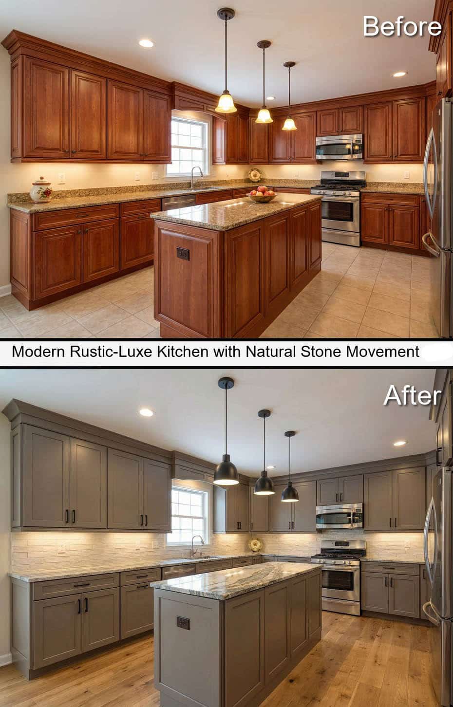 Modern Rustic-Luxe Kitchen with Natural Stone Movement and Wide Plank Warm-Oak Floors