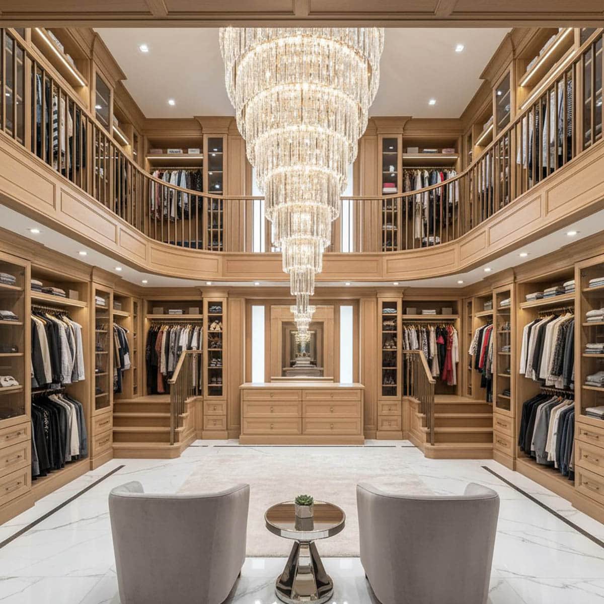 Luxury Closet with Walkaround Ring Balcony, Tiered Hanging Chandelier, and Sitting Area