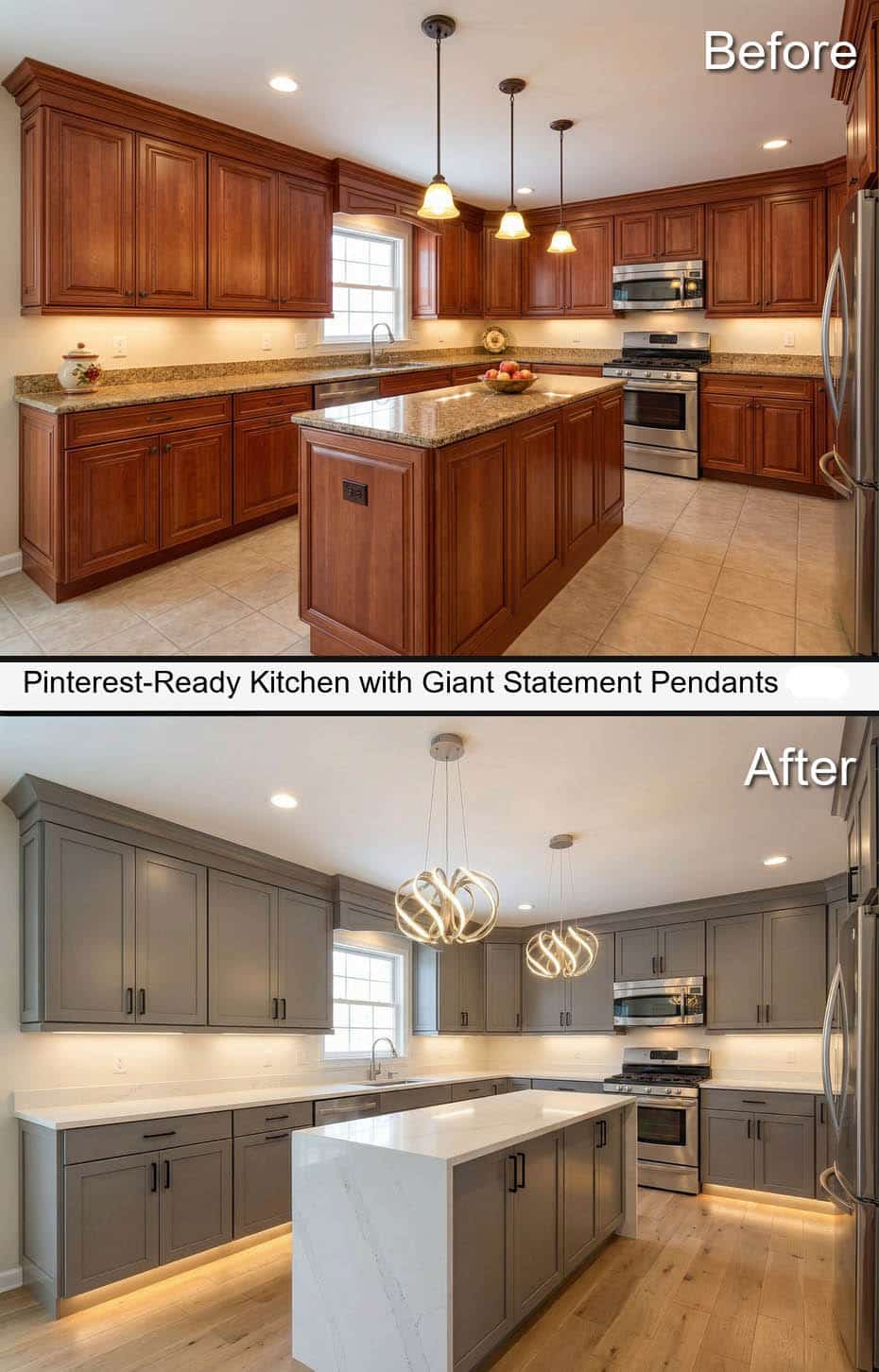 Pinterest-Ready Kitchen with Giant Statement Pendants and Waterfall Island