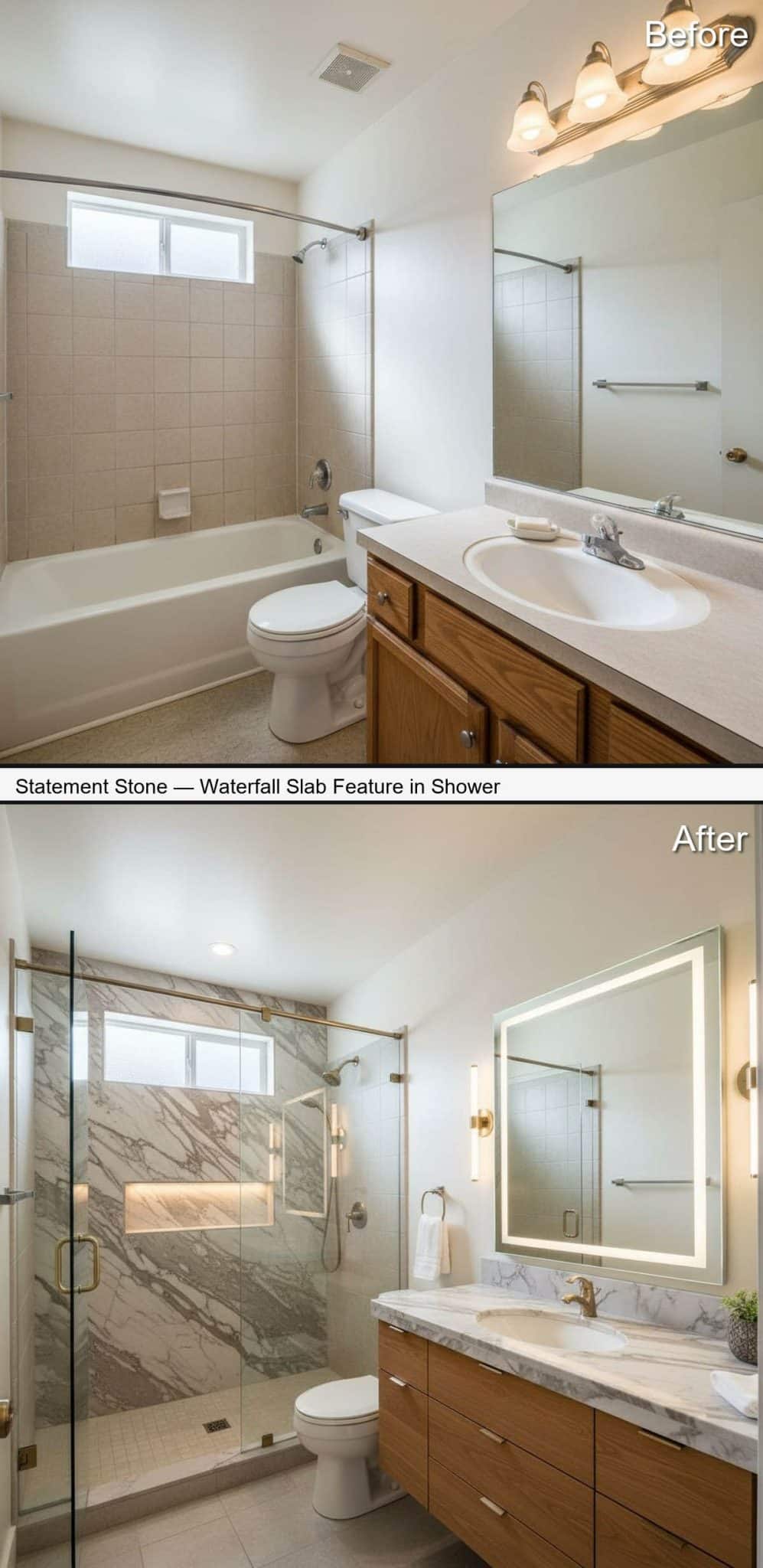 Statement Stone Shower with Waterfall Slab Feature Wall