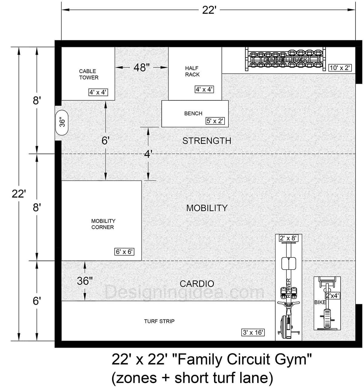 22x22 Garage With Family Circuit Gym Floor Plan