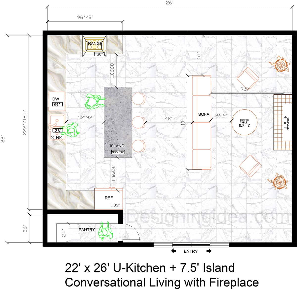 22×26 U-Shape Kitchen with 7.5ft Island and Conversational Living Room with Fireplace