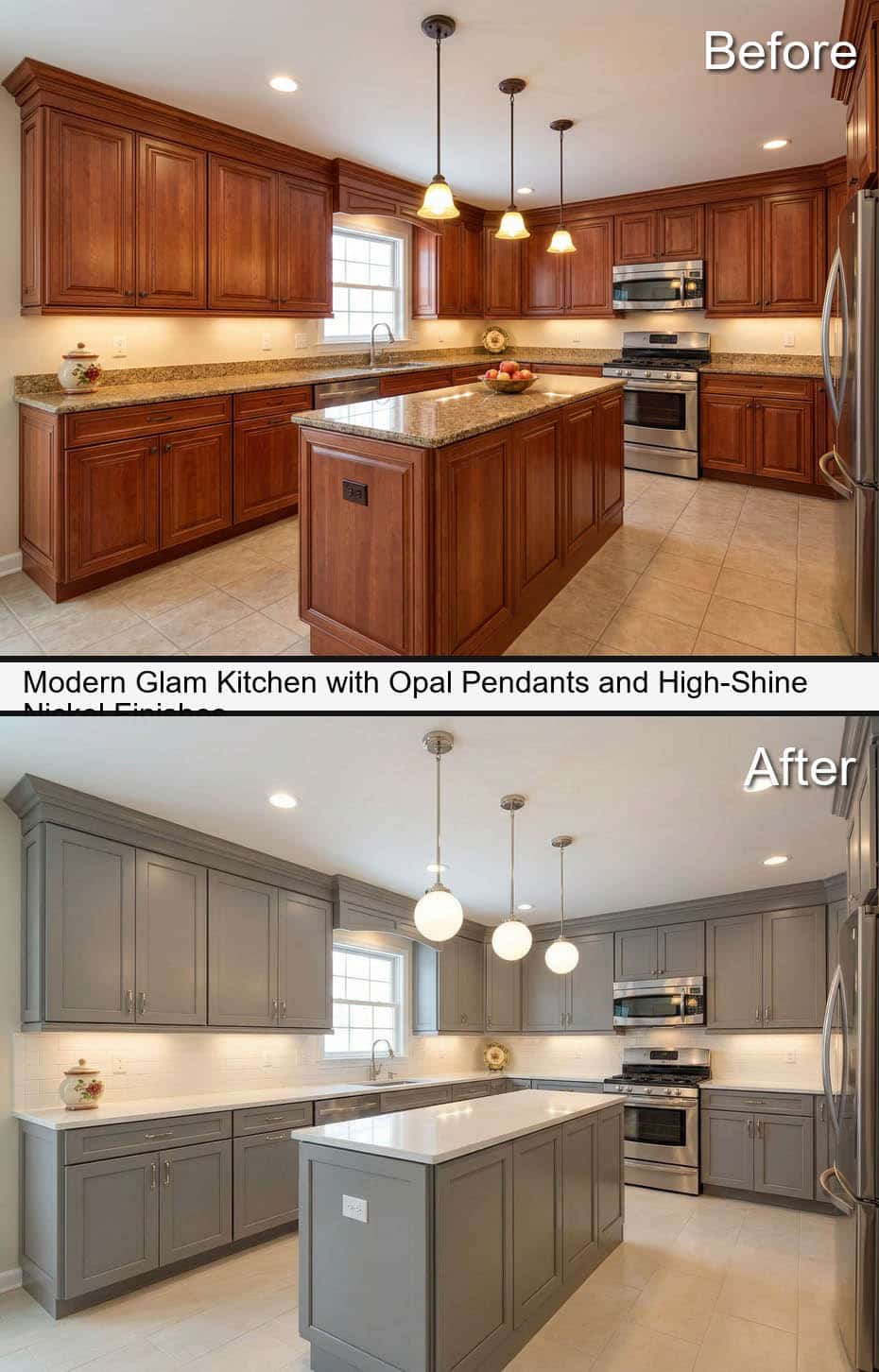 Modern Glam Kitchen with Opal Pendants and High-Shine Nickel Finishes