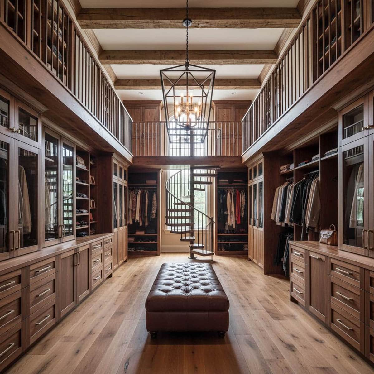 Rustic-Luxe Double-Height Closet with Wood Finishes and Reclaimed Beams