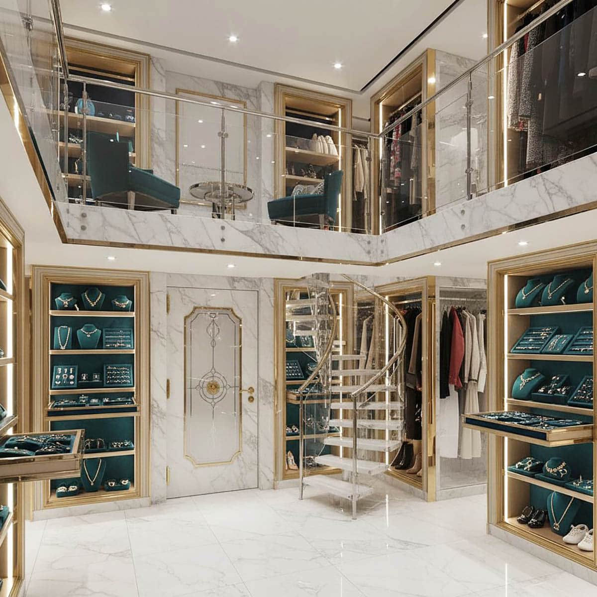 Two-Story High Jewelry Closet with Display Cases and Safe