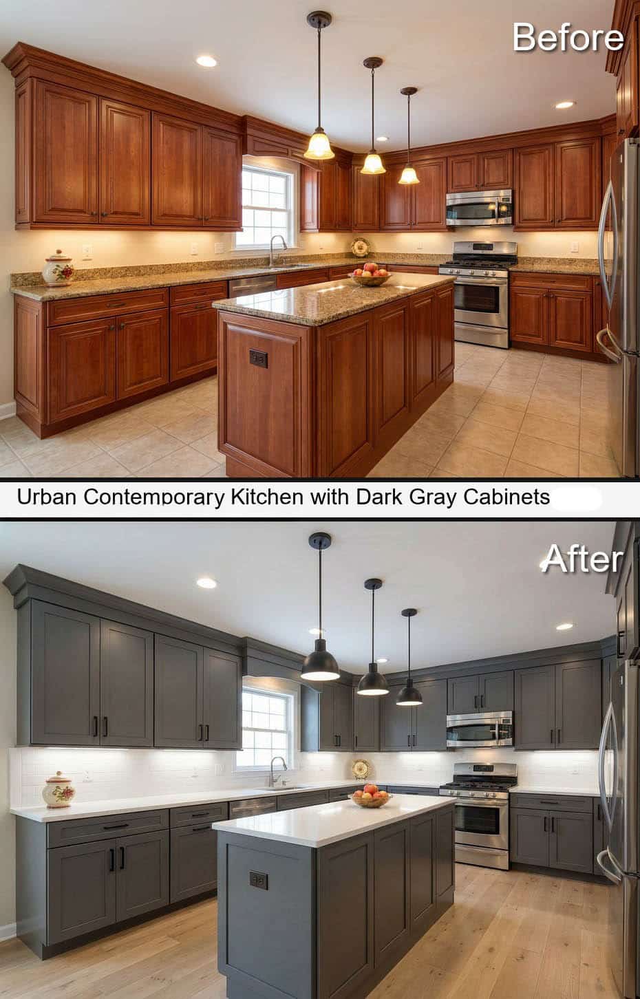 Urban Contemporary Kitchen with Dark Gray Color Cabinets and Dramatic Light-Wood Floors