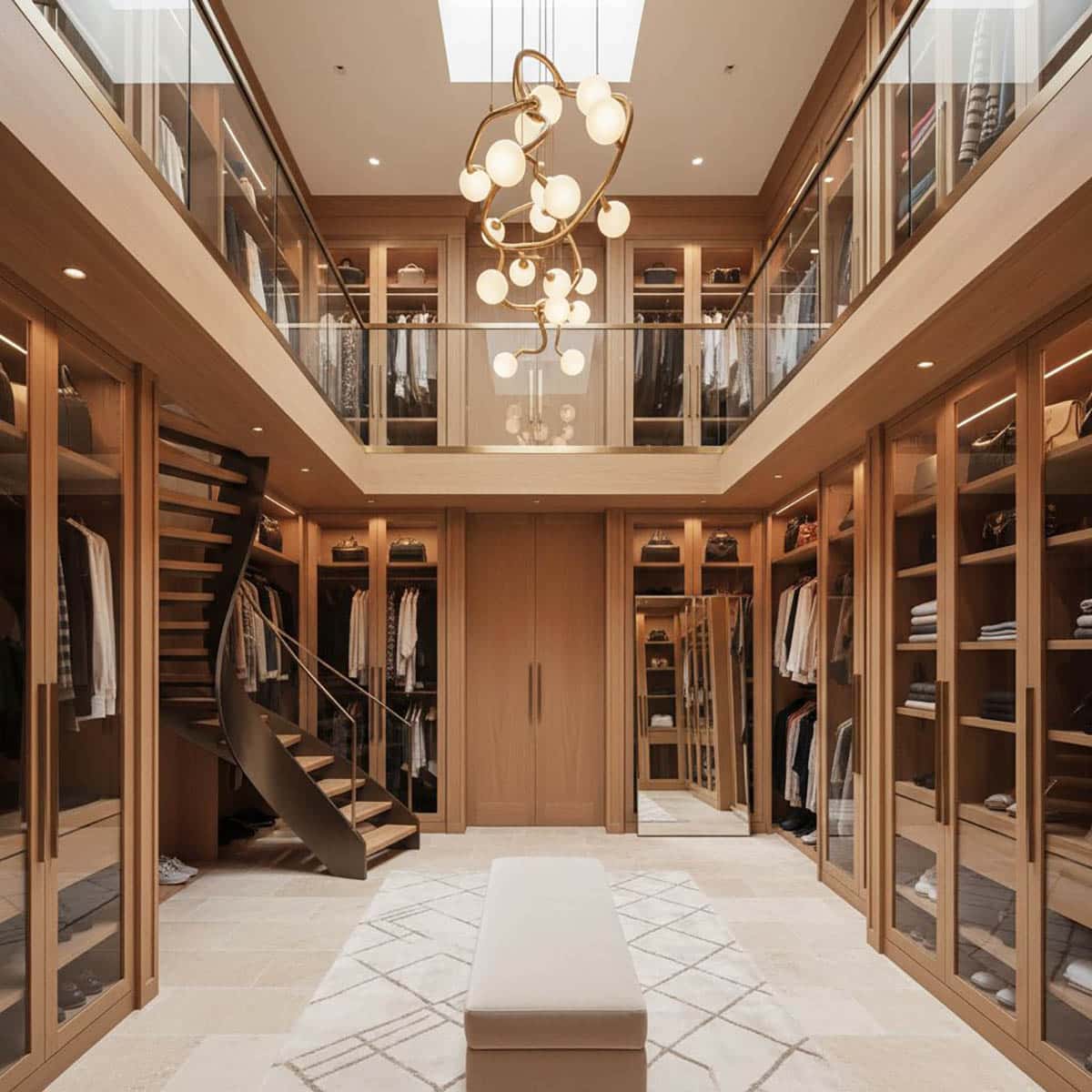 Closet with Statement Spiral Staircase and Sculptural Lighting