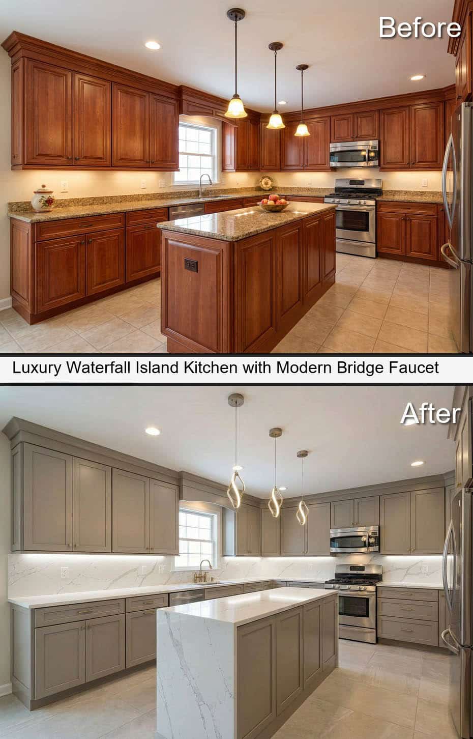 Luxury Waterfall Island Kitchen with Modern Bridge Faucet and Limestone-Look Floors