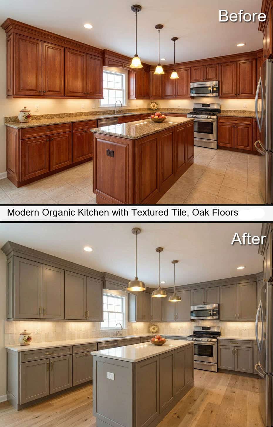 Modern Organic Kitchen with Textured Tile, Oak Wooden Floors, and Warm Lighting