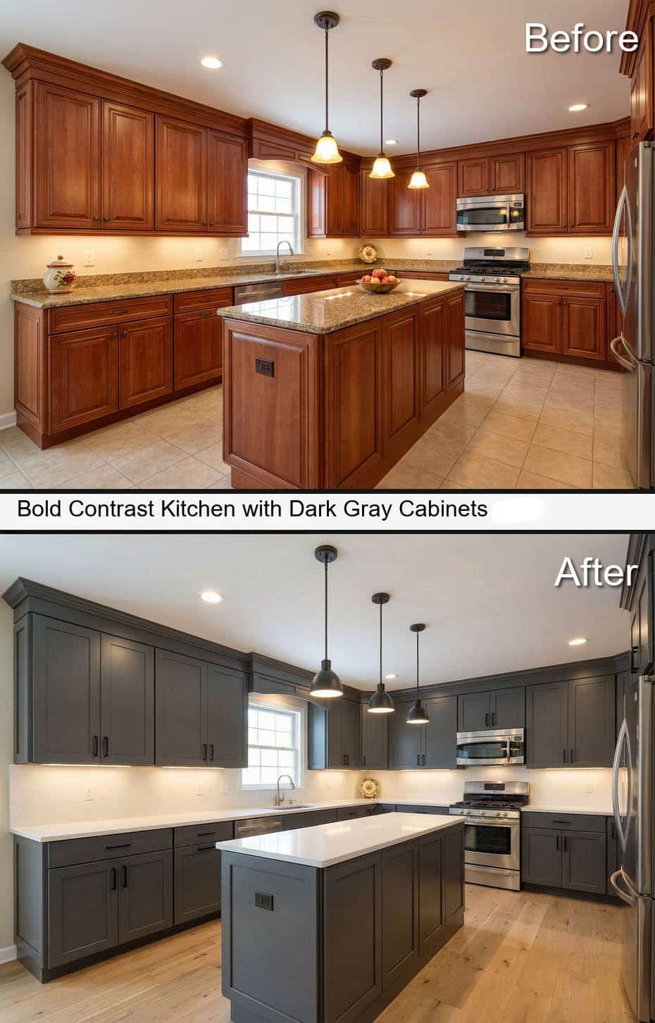 Bold Contrast Kitchen with Dark Gray Toned Cabinets and Full-Height Backsplash