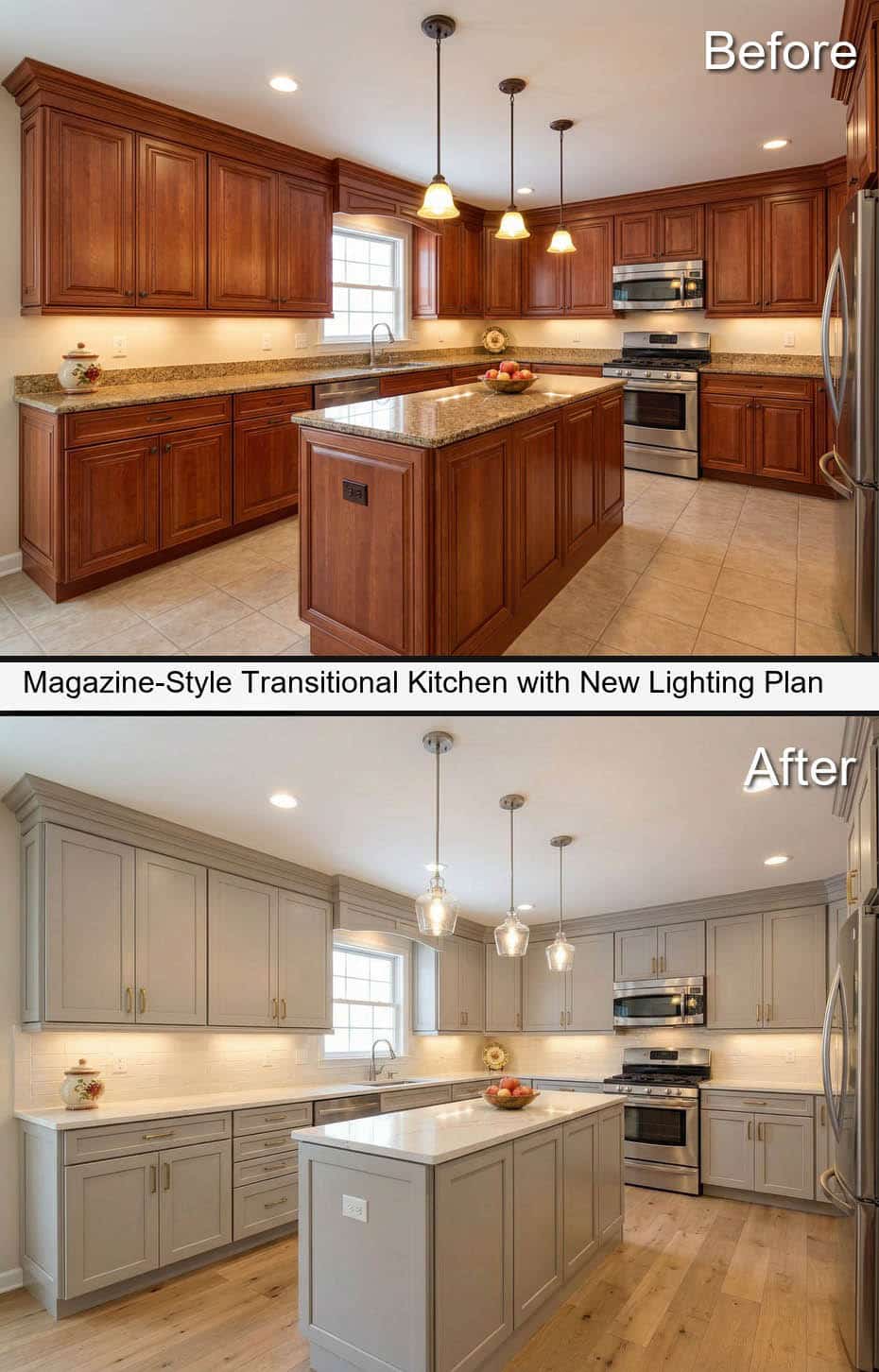 Magazine-Style Transitional Kitchen with Glass Pendant And Brushed Brass Finishes