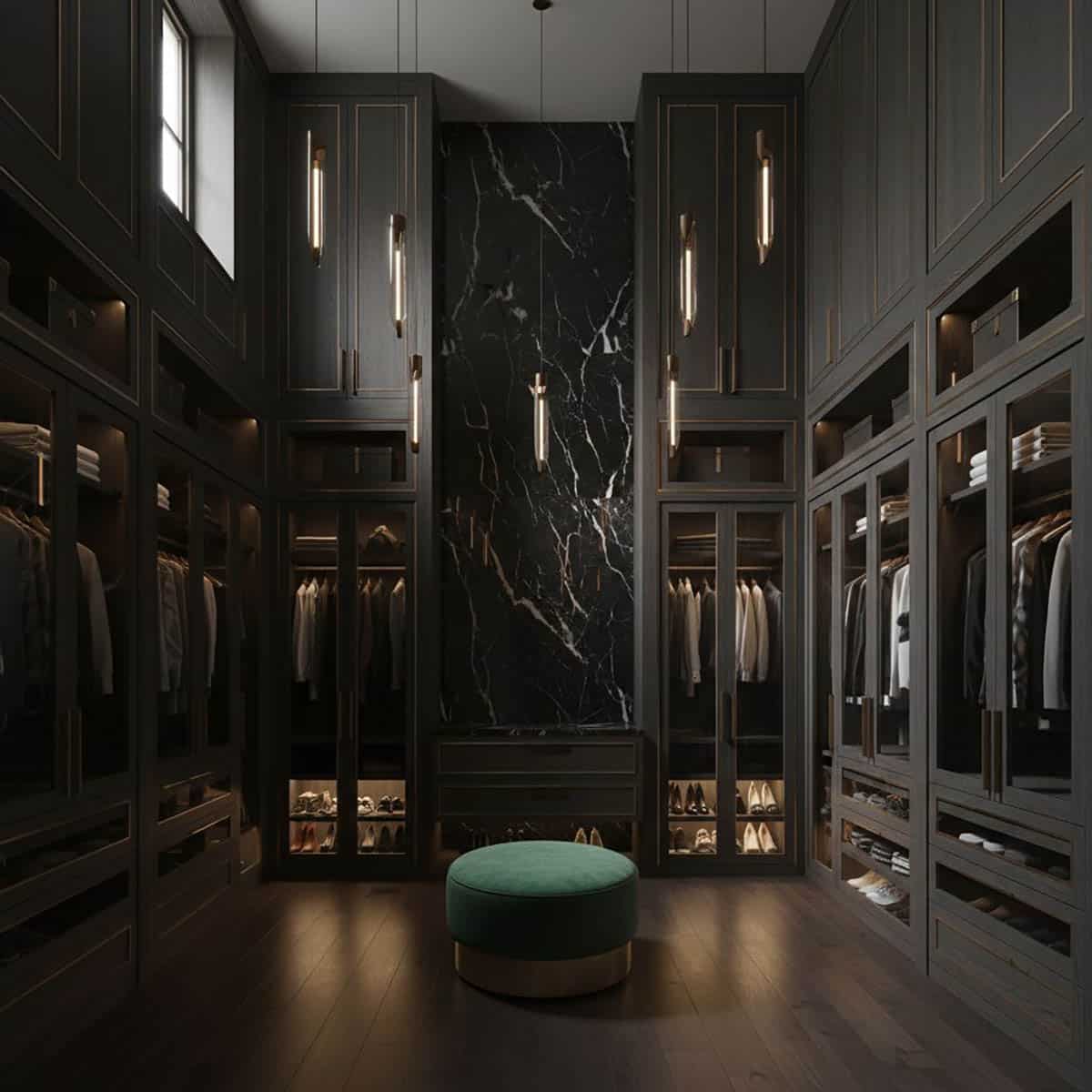 Moody Luxury Closet with Black Marble Feature Wall