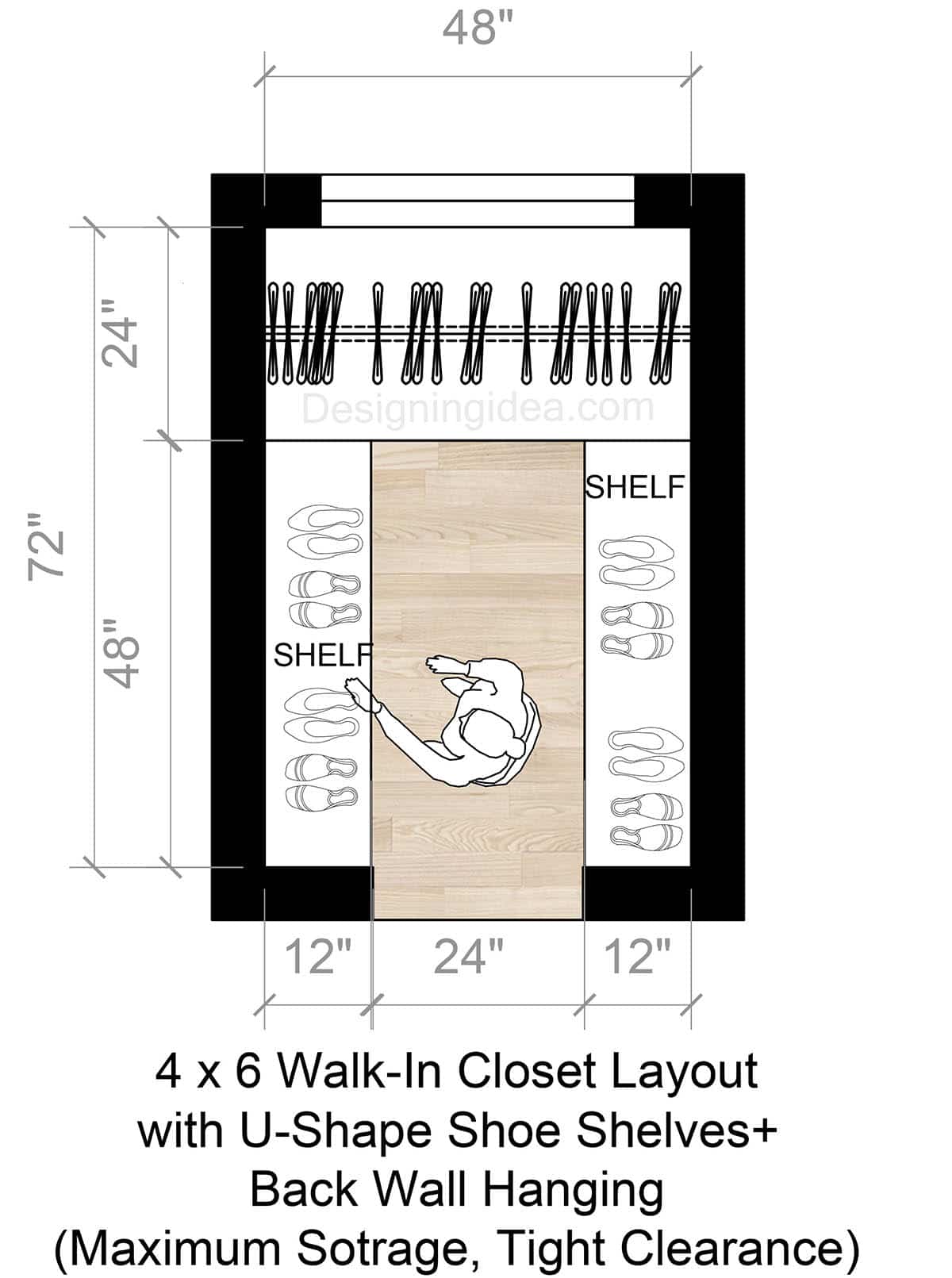 4x6 U-shaped Closet With Shoe Shelves and Back Wall Hanging Layout