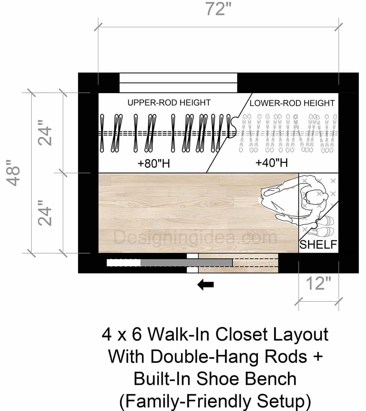 4x6 Closet Layout With Double-Hang Rods and Built-In Shoe Bench Layout