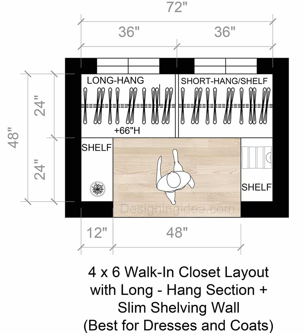 4x6 Closet With Long-Hang Section and Slim Shelving Wall Floor Plan