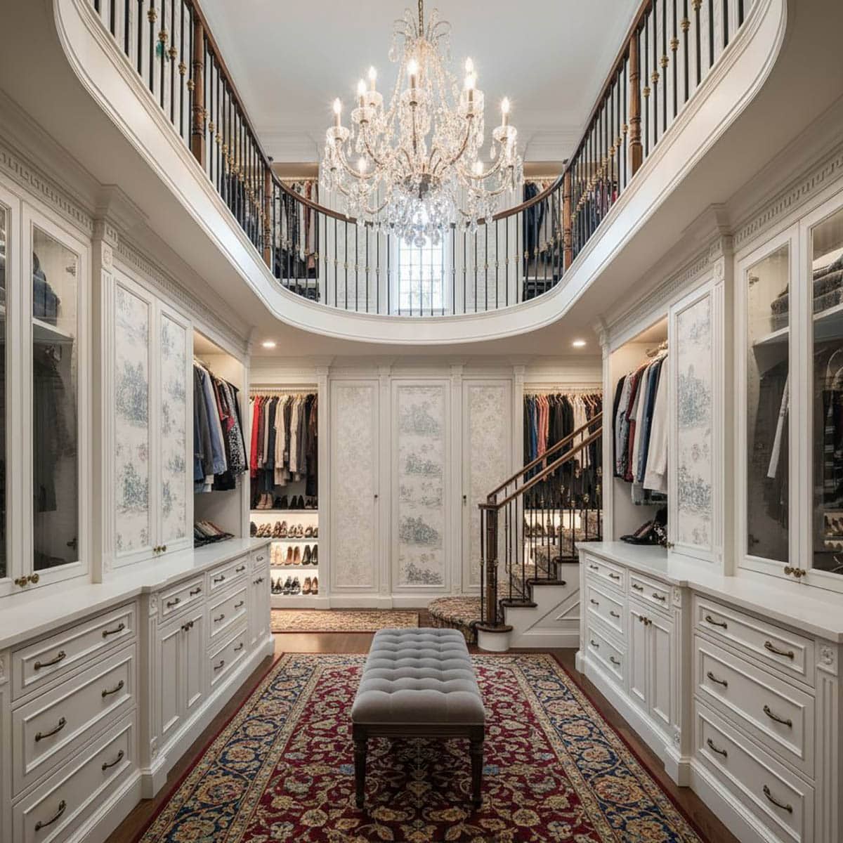 Parisian Grandmillennial Closet with Curved Balcony and Crystal Chandelier