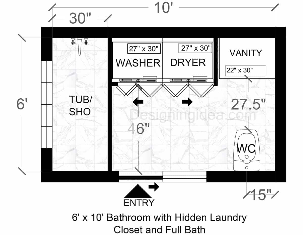 6×10 Bathroom With Hidden Laundry Closet and Full Bath Layout