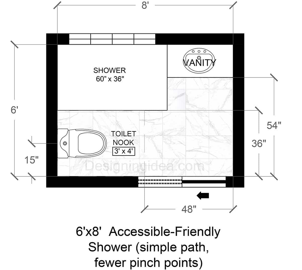6x8 Accessible Friendly Bathroom and Shower Layout