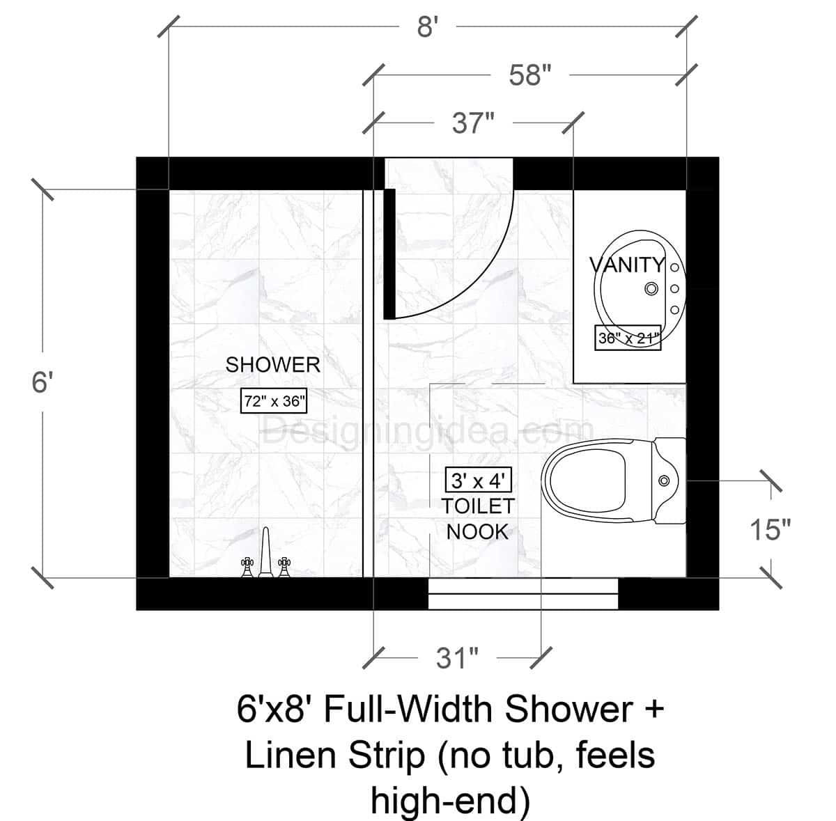 6x8 Custom-Feel Bathroom With Full-Width Shower Layout