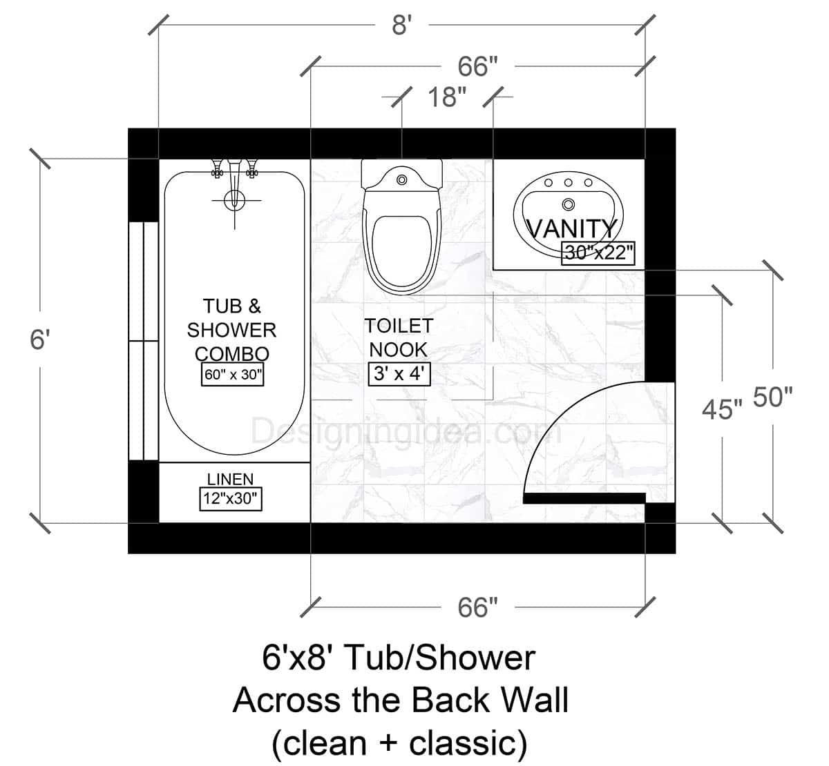 6x8 Full Bathroom Layout With Tub Shower Combo Across the Back Wall