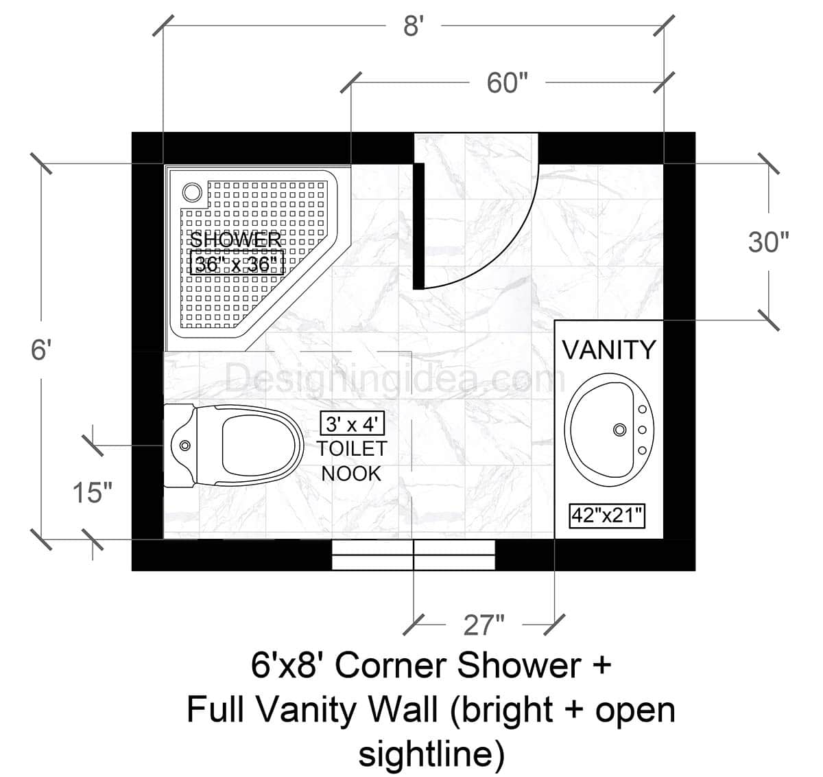 6x8 Open Center Bathroom With Neo-Angle Corner Shower and Full Vanity Design
