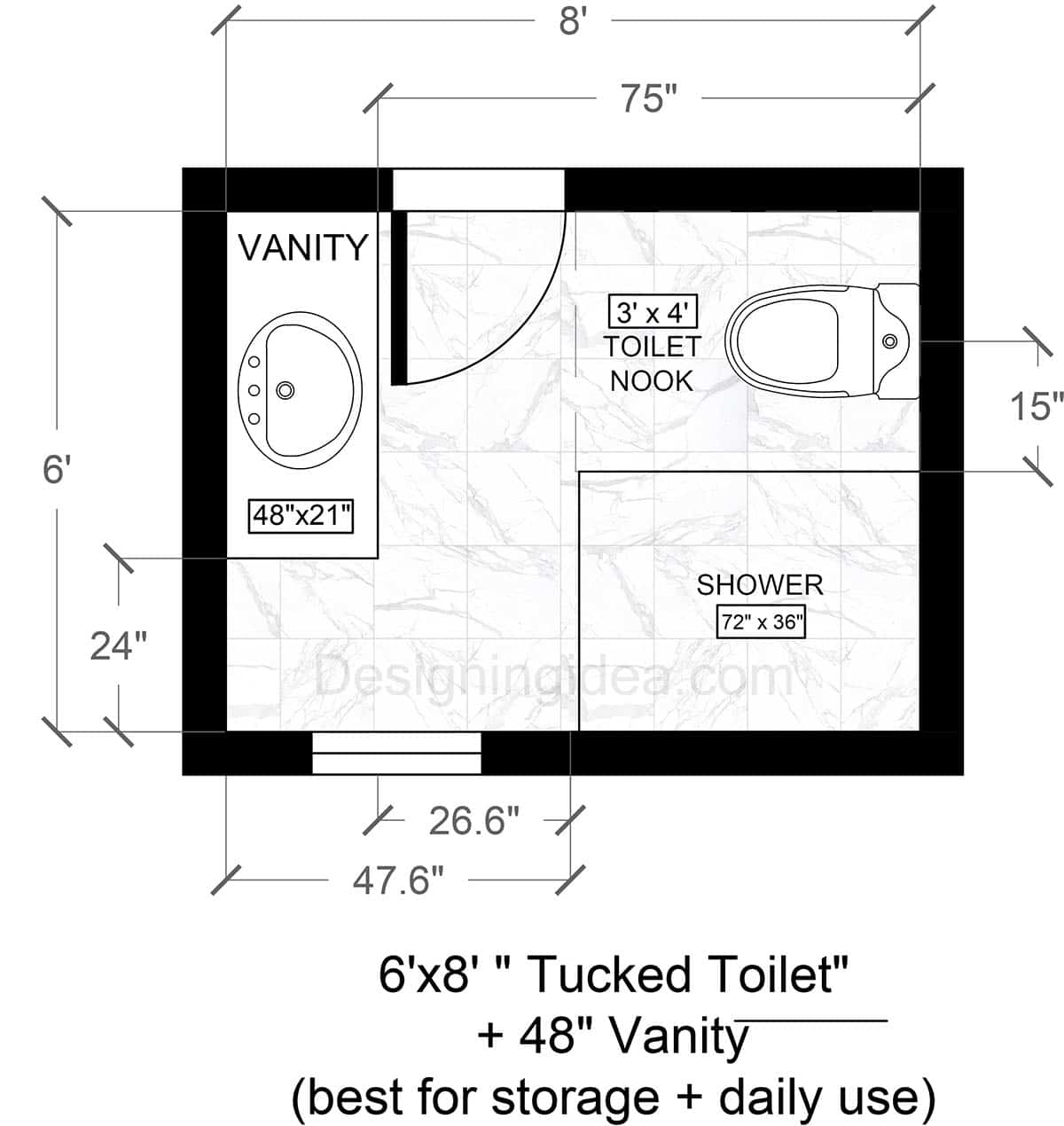 6x8 Storage-Focused Bathroom With Corner Shower And Tucked Toilet Floor Plan
