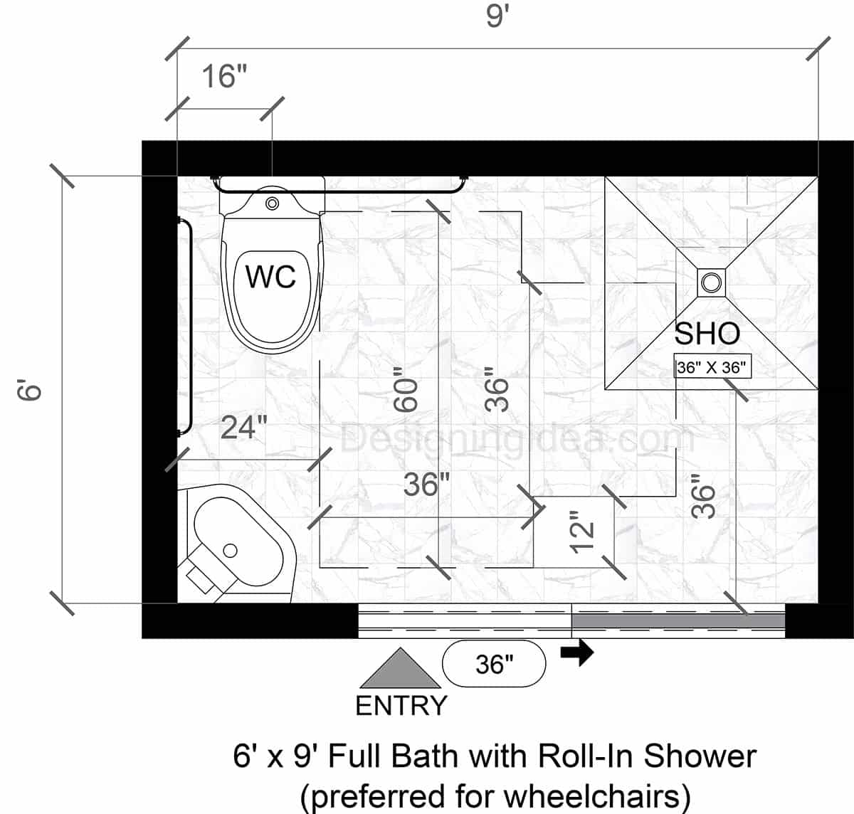 6x9 Narrow Bathroom with Transfer Shower Floor Plan