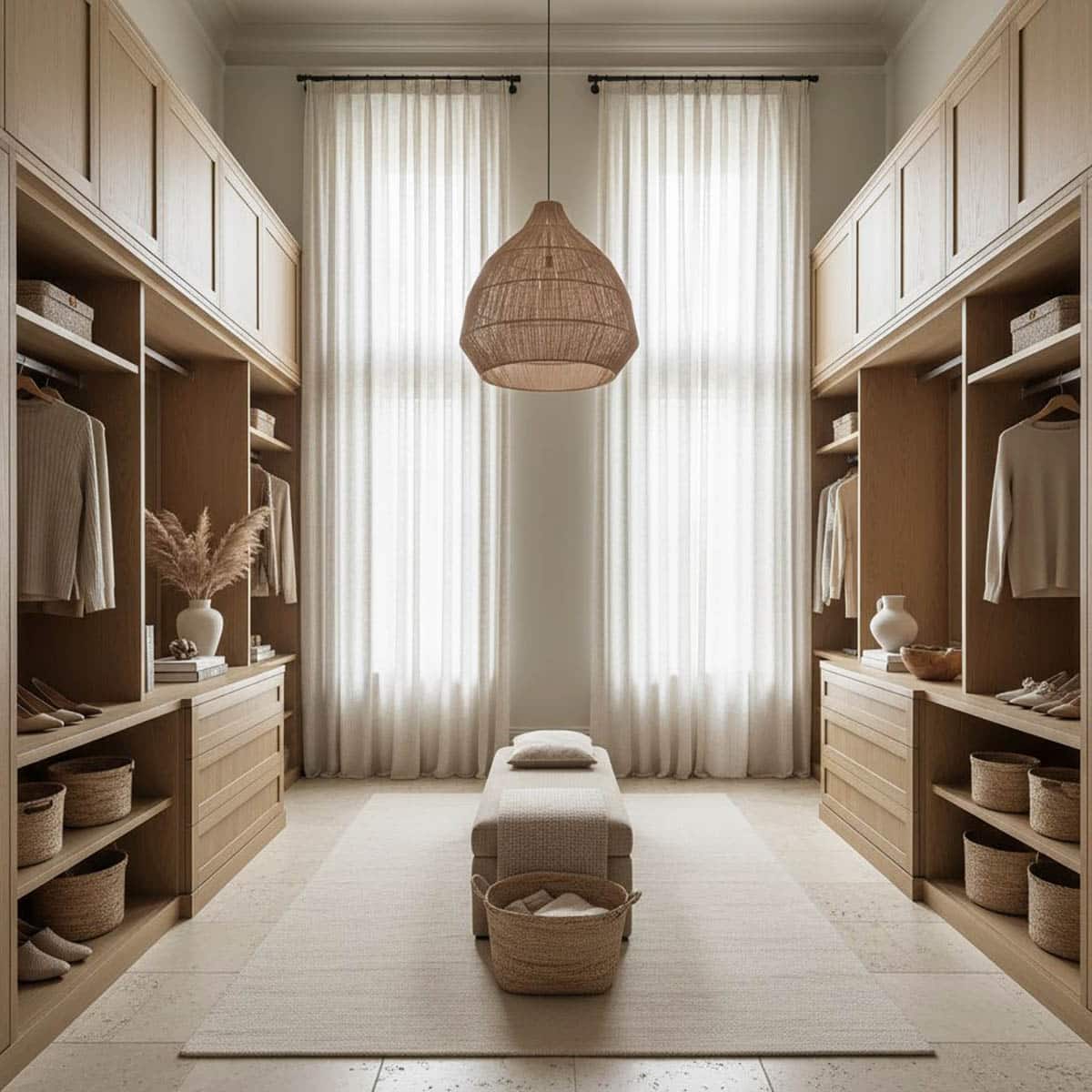 Coastal Luxe Closet with Pale Oak Cabinetry and Linen Drapes