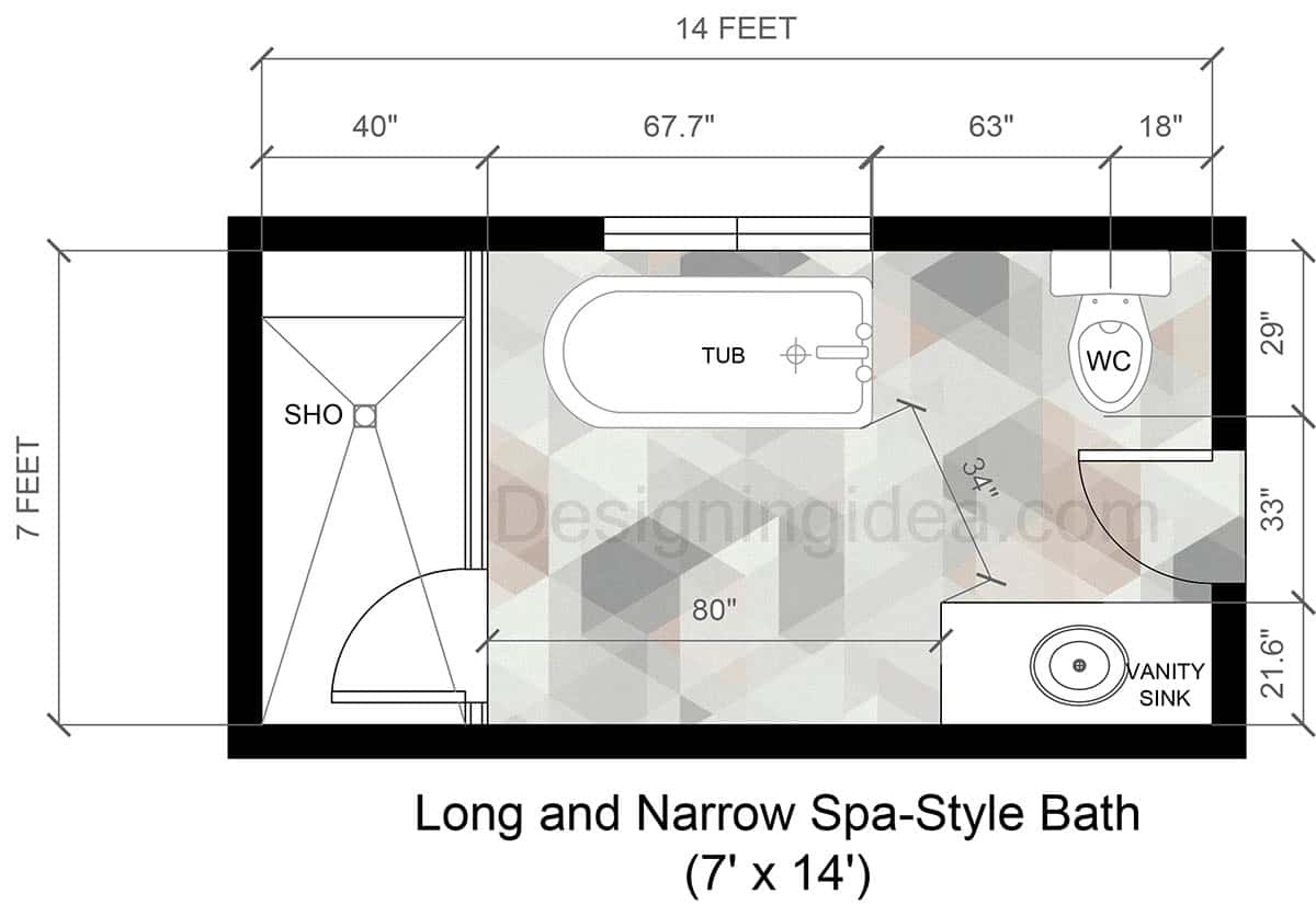 7x14 Long and Narrow Spa-Style Bath Layout