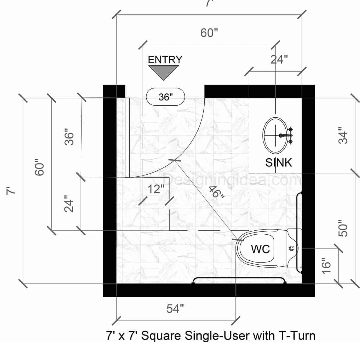 7x7 Square Single-User Bathroom with T-Turn Floor Plan