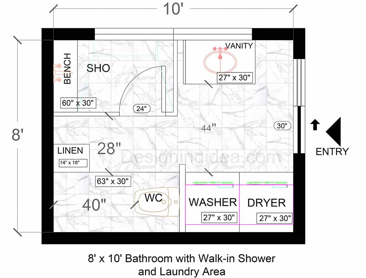 8×10 Bathroom with Walk-In Shower and Laundry Area Floor Plan