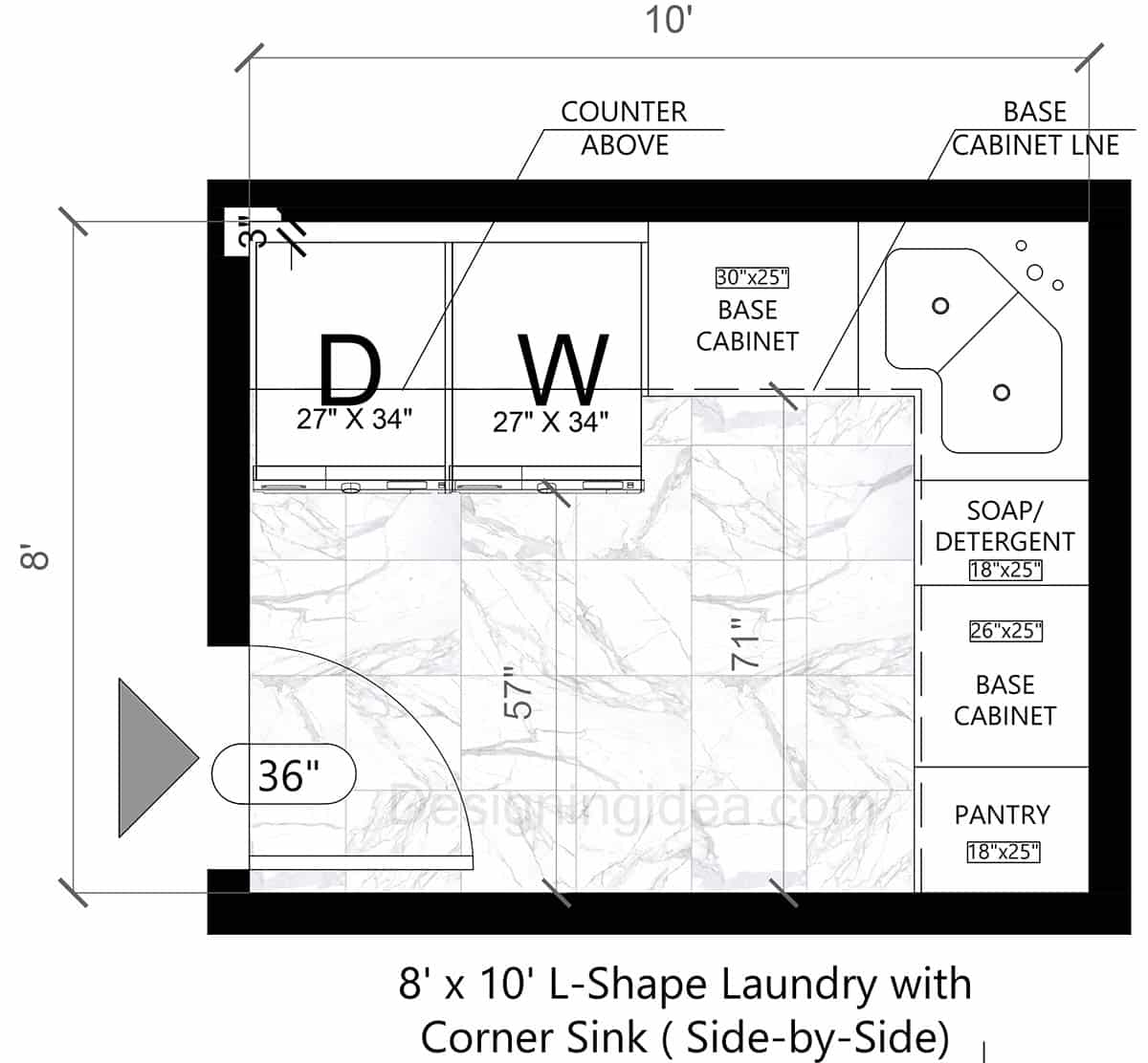 8×10' L-Shape Laundry with Corner Sink Layout and Side-by-Side Washer & Dryer