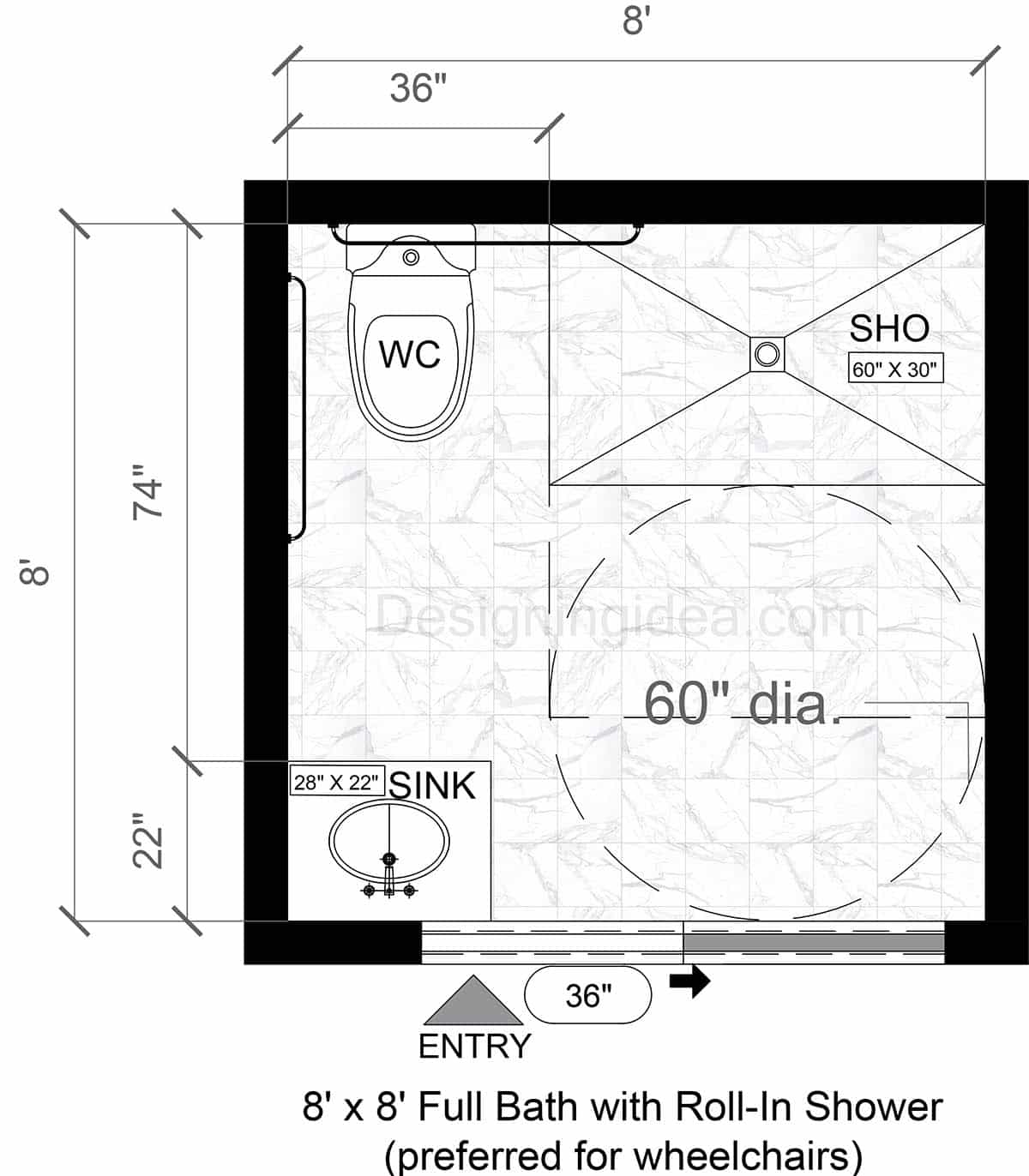 8x8 Full Bathroom with Roll-In Shower Layout