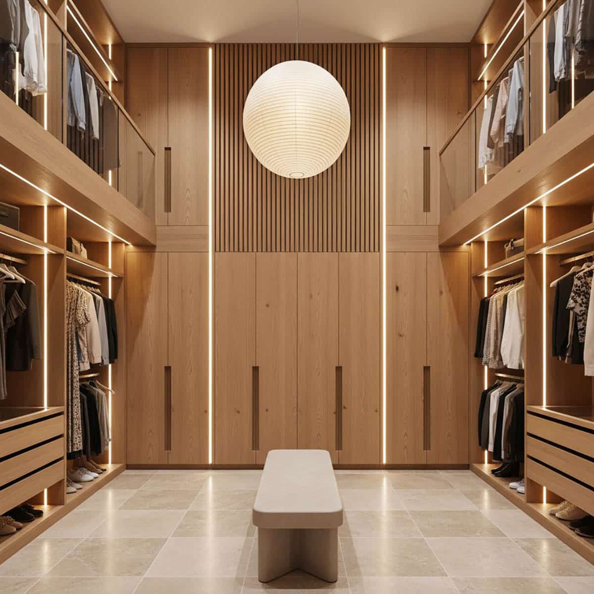Japanese-Inspired Minimal Closet with Globe Pendant Light and Slatted Wood Focal Wall